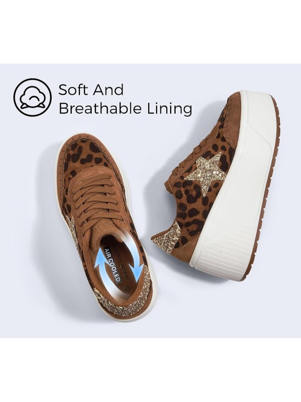 Women's Leopard Platform Chunky Fashion Star Glitter Sparkly Wedge Sneakers - Picture 3 of 6